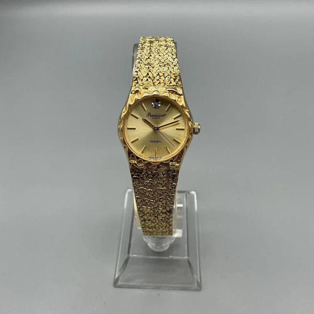 Vtg Gruen Precision Womens Watch 23mm Gold Tone Textured Bracelet New Battery